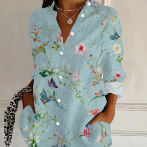 Women's Long Sleeve Shirt Spring/Fall Green Floral Buckle Shirt Collar Daily Going Out Casual Top, Blouses, Lilicloth.com