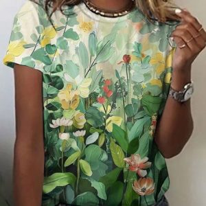 Women's Short Sleeve Tee T-shirt Summer Floral Crew Neck Casual Top, JustFashionNow T-Shirts, color:Lightgreen|size:4XL,