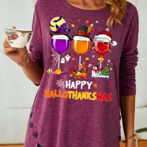 Women's Happy Hallo Thanks Mas Funny Three Red Wine Glasses Christmas Graphic Long Sleeve Top, Long sleeves, Lilicloth.com