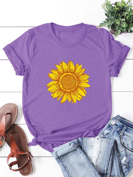 Women's Sunflower Casual Short Sleeve T-Shirt, T-shirts, Lilicloth.com