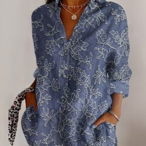 Shirt Collar Long Sleeve Geometric Regular Micro-Elasticity Regular Fit Shirt For Women, Shirts, color:Dark Blue|size:5XL, catalog Noracora shop