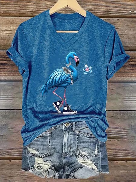 Women's Pearl Necklace Canvas Shoes Flamingo Print T-Shirt, T-shirts, Lilicloth.com