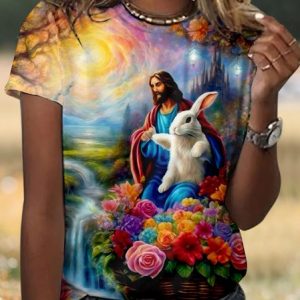 Casual Easter Rabbit Floral Crew Neck Short Sleeve T-shirt, T-shirts, color:Purple|size:4XL, catalog Noracora shop