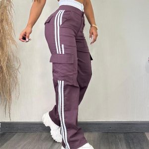 Striped Tape Patch Shirred Stretchy High Waist Pants Pocket Design Cargo Pants, women Pants, ChicMe catalog