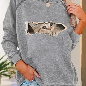 Women Funny Cat Simple Crew Neck Sweatshirt, Hoodies&Sweatshirts, Lilicloth.com