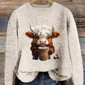 Women's Cute Highland Cow Print Knitted Crew Neck Sweater, Sweaters, Lilicloth.com