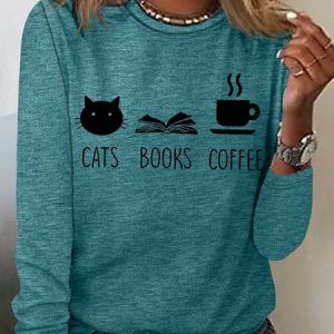 Women's Cats, Books and Coffe Casual Crew Neck Top, Long sleeves, Lilicloth.com