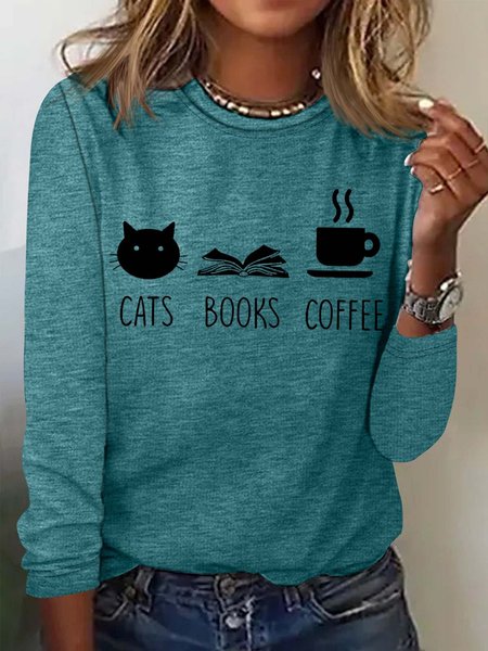Women's Cats, Books and Coffe Casual Crew Neck Top, Long sleeves, Lilicloth.com
