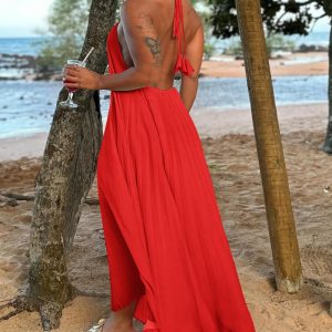 Halter Sleeveless Back Tied Detail Maxi Dress Casual Hollow Out A Line Pleated Dress, women Maxi Dresses, ChicMe catalog