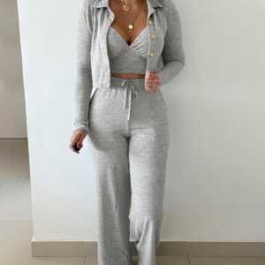 3 Pieces Outfits Turn-down Collar Long Sleeve Metal Button Decor Coat Top and V Neck Spaghetti Strap Tank and Drawstring Strechy Waist Pants Set, women Two-piece Sets, ChicMe catalog