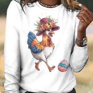 Vintage Easter Plaid Crew Neck Long Sleeve T-shirt, T-shirts, color:White|size:4XL, catalog Noracora shop