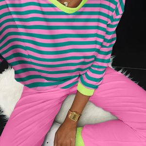 2PCS Striped Colorblock Round Neck Long Sleeve Pajamas Set, women Pajamas Sets, ChicMe catalog
