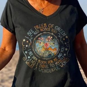 Floral Print Long Sleeve V-Neck T-shirt, T-shirts, Lilicloth.com