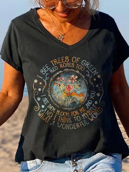Floral Print Long Sleeve V-Neck T-shirt, T-shirts, Lilicloth.com