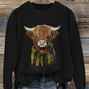 Scottish Cute Little Cow Round Neck Sweater, Sweaters, Lilicloth.com
