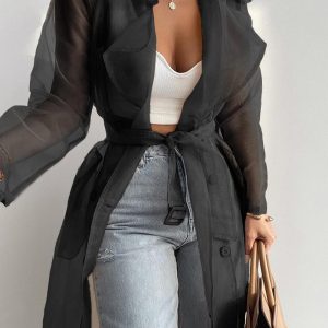 Notched Collar Long Sleeve Double Breasted Sheer Mesh Jacket Casual Longline Trench Coat with Belt, women Jackets & Coats, ChicMe catalog