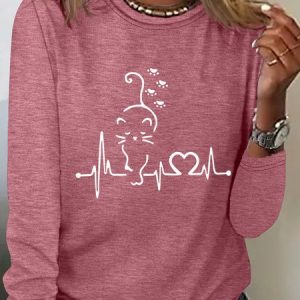 Cat Heartbeat Casual Long Sleeve Shirt, Long sleeves, Lilicloth.com