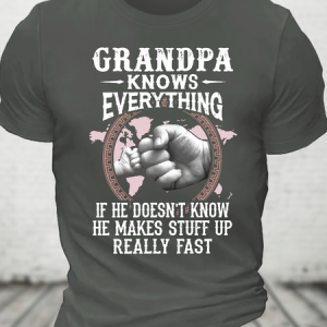 Grandpa -Knows Everything If He Doesn't Know He Makes Stuff Up Really Fast Cotton T-Shirt, T-shirts, Lilicloth.com