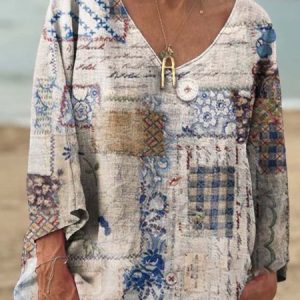 Women's Vintage Collage Art Print Casual V Neck Long Sleeve Comfortable Cotton T-Shirt, Long sleeves, Lilicloth.com