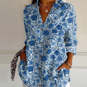 Shirt Collar Long Sleeve Floral Regular Loose Shirt For Women, Blouses, color:Blue|size:XXL, catalog Noracora shop