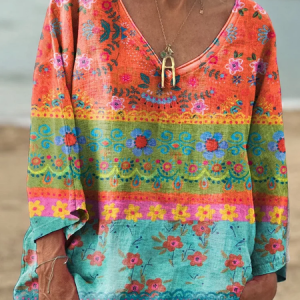 Women's Bohemian Floral Art Print V-neck Long Sleeve Comfortable Cotton Long Sleeve T-shirt, Long sleeves, Lilicloth.com