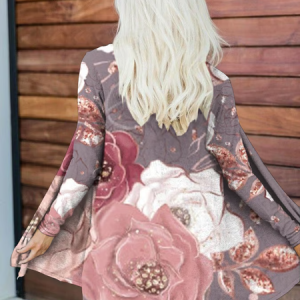 Women's Breast Cancer Flower Print Long Sleeve Cardigan, Cardigans, Lilicloth.com