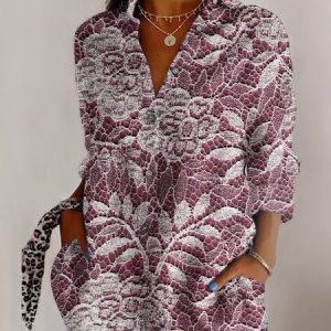 Shirt Collar Long Sleeve Geometric Regular Micro-Elasticity Regular Fit Shirt For Women, Shirts, color:Red|size:5XL, catalog Noracora shop