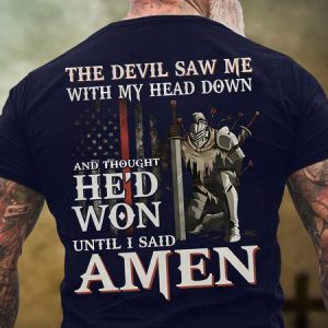 Men's The Devil Saw Me With My Head Down And Thought Hed Won Until I Said Amen Funny Graphic Printing Casual Cotton Text Letters T-Shirt, T-shirts, Lilicloth.com