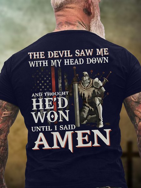 Men's The Devil Saw Me With My Head Down And Thought Hed Won Until I Said Amen Funny Graphic Printing Casual Cotton Text Letters T-Shirt, T-shirts, Lilicloth.com