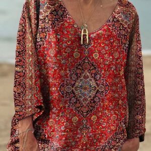 Women's Vintage Art Print Casual V-neck Long Sleeve Comfortable Cotton T-shirt, Long sleeves, Lilicloth.com