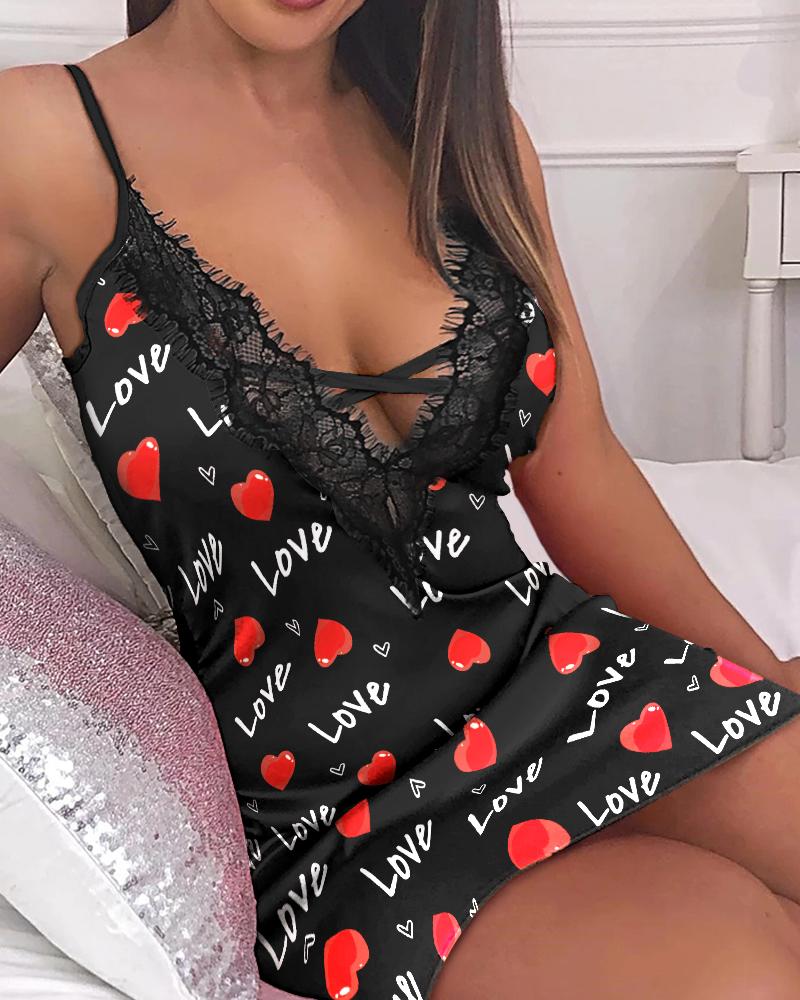 Valentine's Day Love Heart Print Lace Trim Nightdress, women Night Dresses, ChicMe catalog