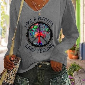 Loose Casual Hippie T-Shirt, Long sleeves, Lilicloth.com