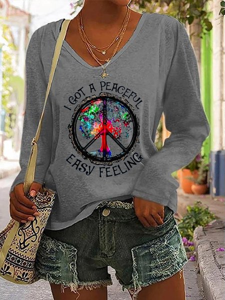 Women's I Got a Peaceful Easy Feeling Long Sleeve V-Neck T-shirt, JustFashionNow T-Shirts, color:Gray|size:3XL,