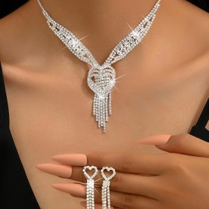 2PCS Rhinestone Decor Hollow Out Tassel Heart Pendant Necklace & Drop Earrings Wedding Bridal Gift Jewelry Set, women Necklace & Pendant, ChicMe catalog