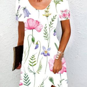 Women's Short Sleeve Summer Floral Dress Crew Neck Daily Going Out Casual Mini H-Line TUNIC, JustFashionNow Dresses, color:White|size:XXL,