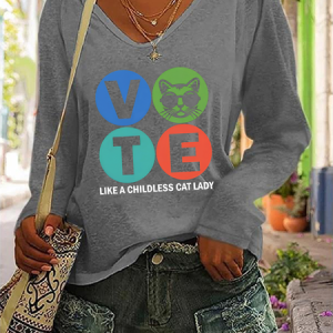La Cat Vote Vote Like A Childless Cat Lady Casual V-Neck Long Sleeve Shirt, Long sleeves, Lilicloth.com