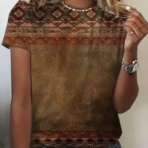 Women's Short Sleeve Tee T-shirt Summer Ethnic Jersey Crew Neck Daily Going Out Casual Top, JustFashionNow T-Shirts, color:Coffee|size:XXL