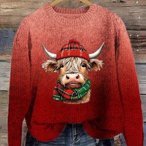 Women's Christmas Highland Cow Print Knitted Crew Neck Sweater, Sweaters, Lilicloth.com