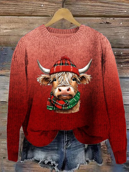 Women's Christmas Highland Cow Print Knitted Crew Neck Sweater, Sweaters, Lilicloth.com