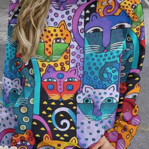 Women Funny Abstract Art Cat Casual Cotton Raglan Sleeve Sweatshirt, Hoodies&Sweatshirts, Lilicloth.com