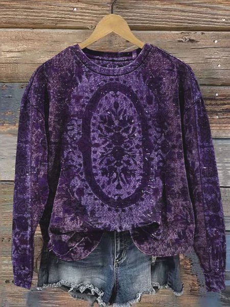 Women's Crew Neck Ethnic Casual Spring/Fall Long Sleeve Sweatshirt, JustFashionNow Sweatshirts & Hoodies, color:Purple|size:XXL,