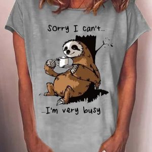Women's Funny Sloth Sorry I Can't I'm Very Busy Print Casual T-Shirt, T-shirts, Lilicloth.com