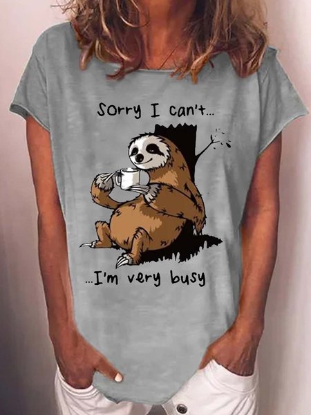 Women's Funny Sloth Sorry I Can't I'm Very Busy Print Casual T-Shirt, T-shirts, Lilicloth.com