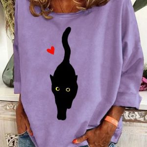 Couple With Hearts And Black Cat Art Print Casual Sweatshirt, Hoodies&Sweatshirts, Lilicloth.com