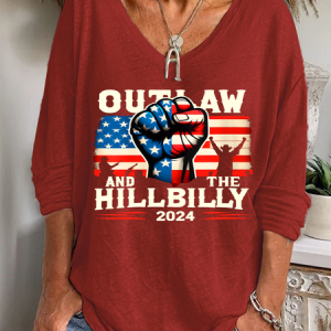 The Outlaw And The Hillbilly Ladies V-Neck Loose Long-Sleeved T-Shirt, Long sleeves, Lilicloth.com