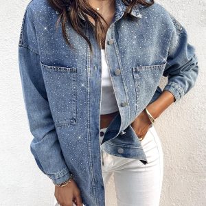 Rhinestone Turn-down Collar Long Sleeve Front Button Denim Blouse with Pocket, women Jackets & Coat, ChicMe catalog