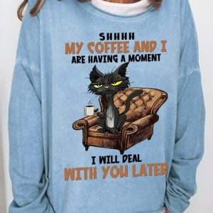 Women's Funny Cat Coffee Simple Loose Sweatshirt, Hoodies&Sweatshirts, Lilicloth.com