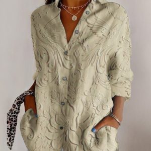 Shirt Collar Long Sleeve Geometric Regular Micro-Elasticity Regular Fit Shirt For Women, Shirts, color:Light Khaki|size:5XL, catalog Noracora shop