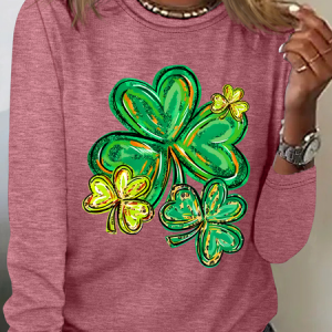 St Patrick's Day Clover Print Casual Long Sleeve Shirt, Long sleeves, Lilicloth.com