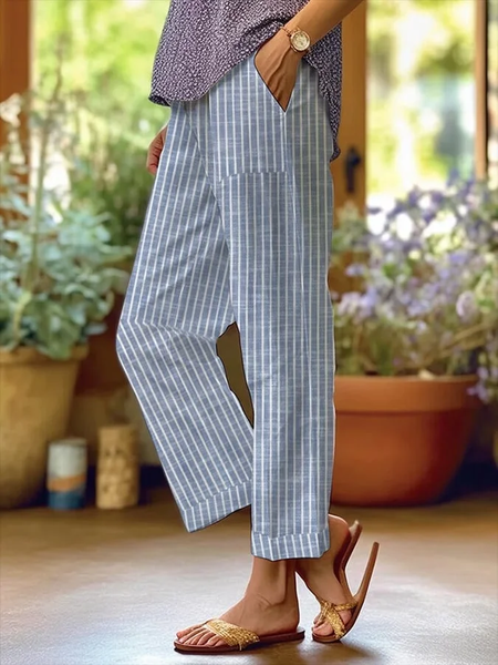 Women's Trousers Straight Pants Daily Going Out Casual Printing Linen Blend Striped Spring/Fall Pants, JustFashionNow Pants, color:Blue|size:4XL,